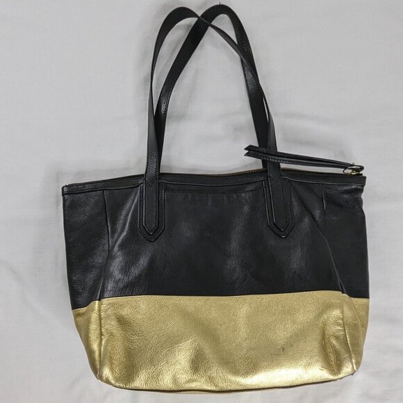 Fossil Black and Gold Leather Top Zipper Sydney Shoulder Tote Bag - Picture 2 of 9